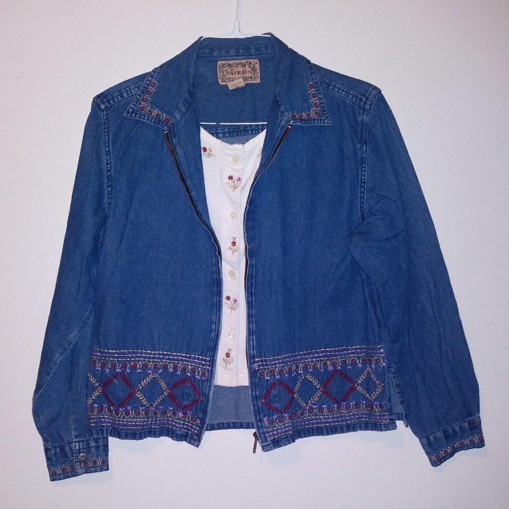Denim shirt blouse full zip embroidered with stretch tank VTG Tantrum Blues